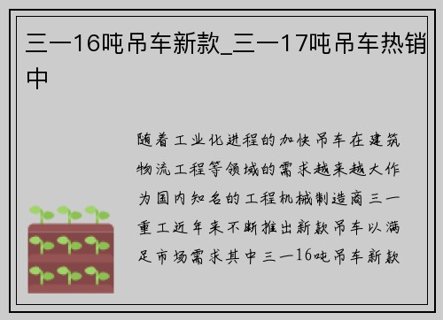 三一16吨吊车新款_三一17吨吊车热销中